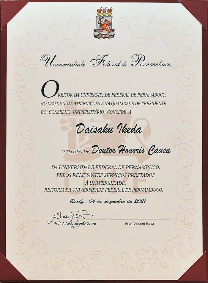 Certificate of honorary doctorate from Federal University of Pernambuco